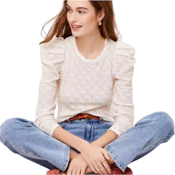 Ann Taylor LOFT Floral Lace Pleated Puff Sleeve Crinkle White Top - Picture 2 of 5